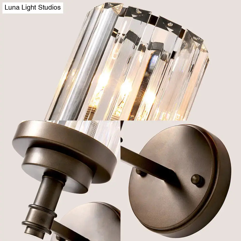 Contemporary bronze wall sconce with ribbed crystal shade hallway light fixture
