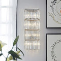 Contemporary chrome crystal flush wall sconce with four rows of clear faceted crystal rods for living room light