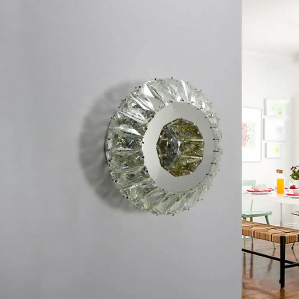 Contemporary chrome crystal wall lamp bedroom round faceted mirror