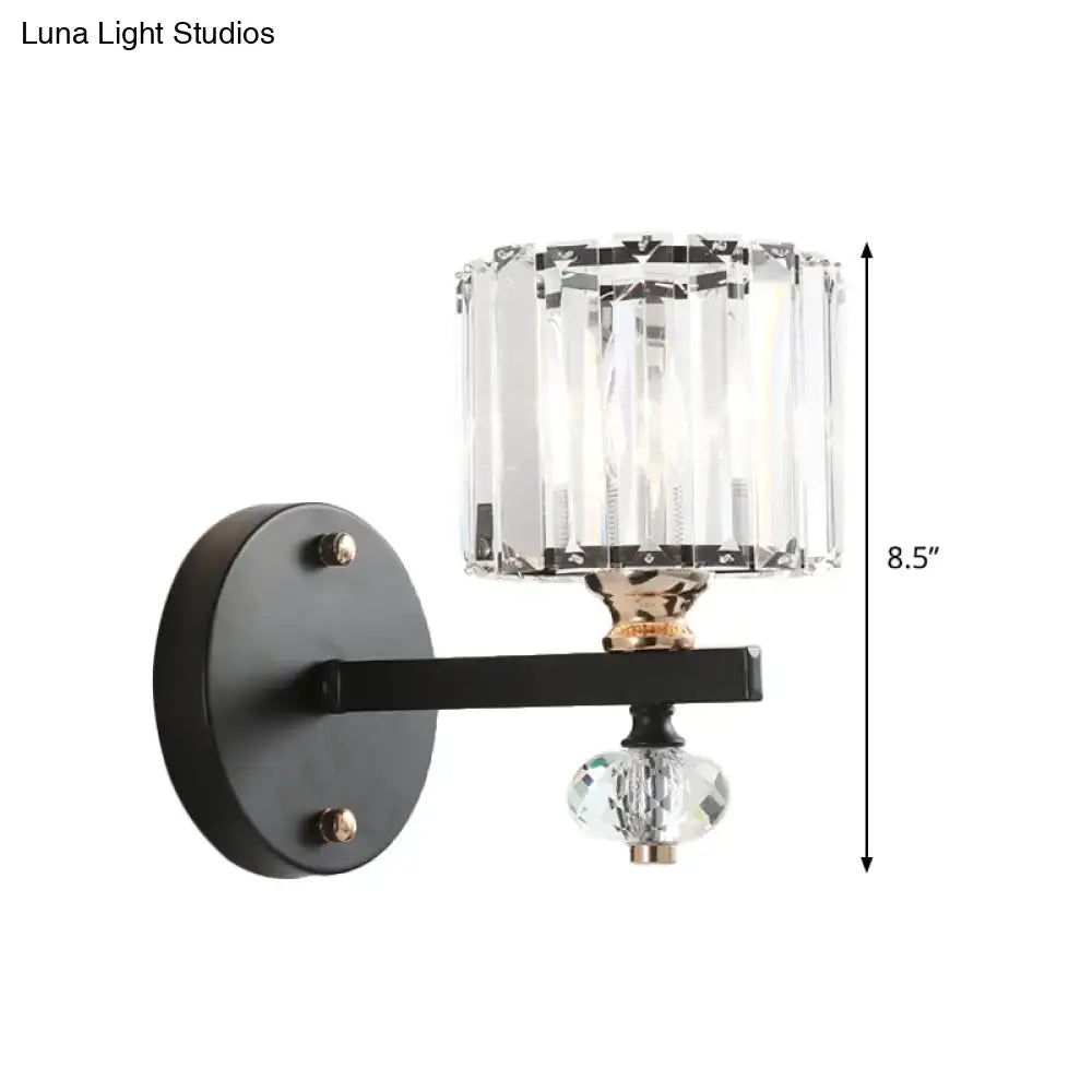 Contemporary clear ribbed glass drum sconce light bedroom black metal