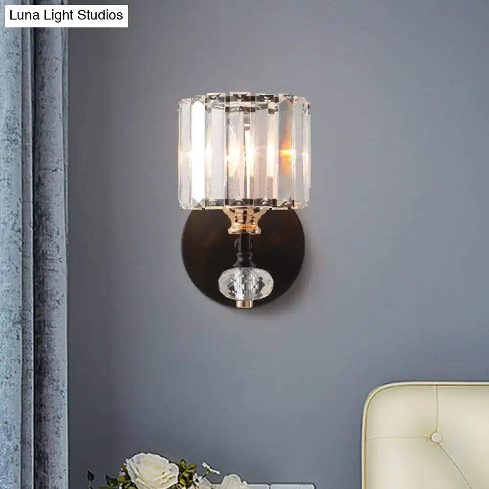 Contemporary clear ribbed glass drum sconce light bedroom black metal