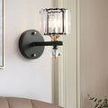 Contemporary clear ribbed glass drum sconce light with black metal frame and crystal cylinder shade for bedroom use