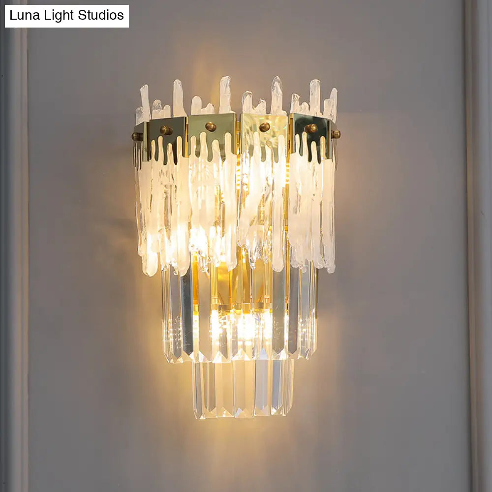 DecorBites™ Contemporary Crystal Prisms Wall Sconce - Gold Finish, 3 Bulbs - Bedroom Flush Mount Light