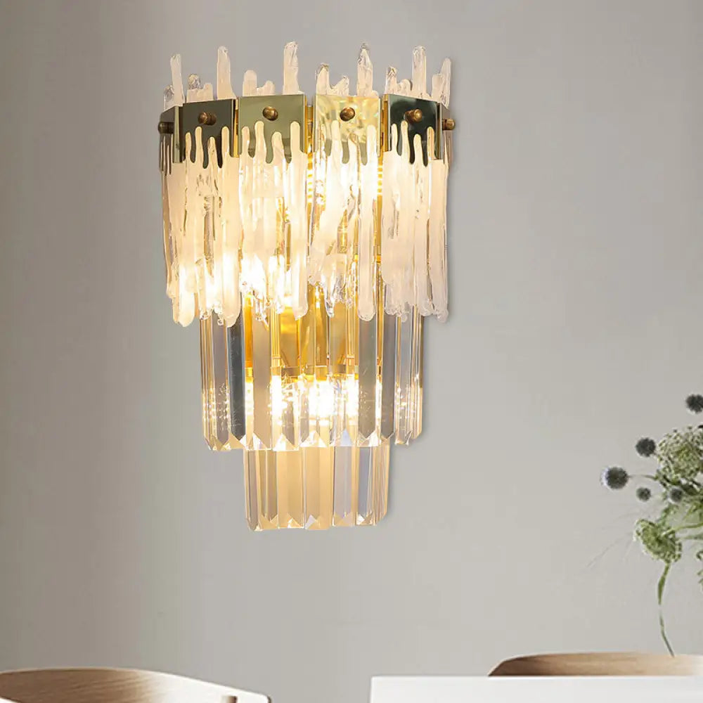 DecorBites™ Contemporary Crystal Prisms Wall Sconce - Gold Finish, 3 Bulbs - Bedroom Flush Mount Light