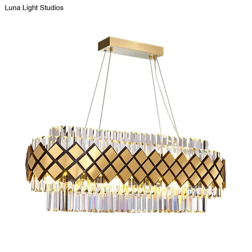 Contemporary gold and clear crystal block oval pendant light dining room