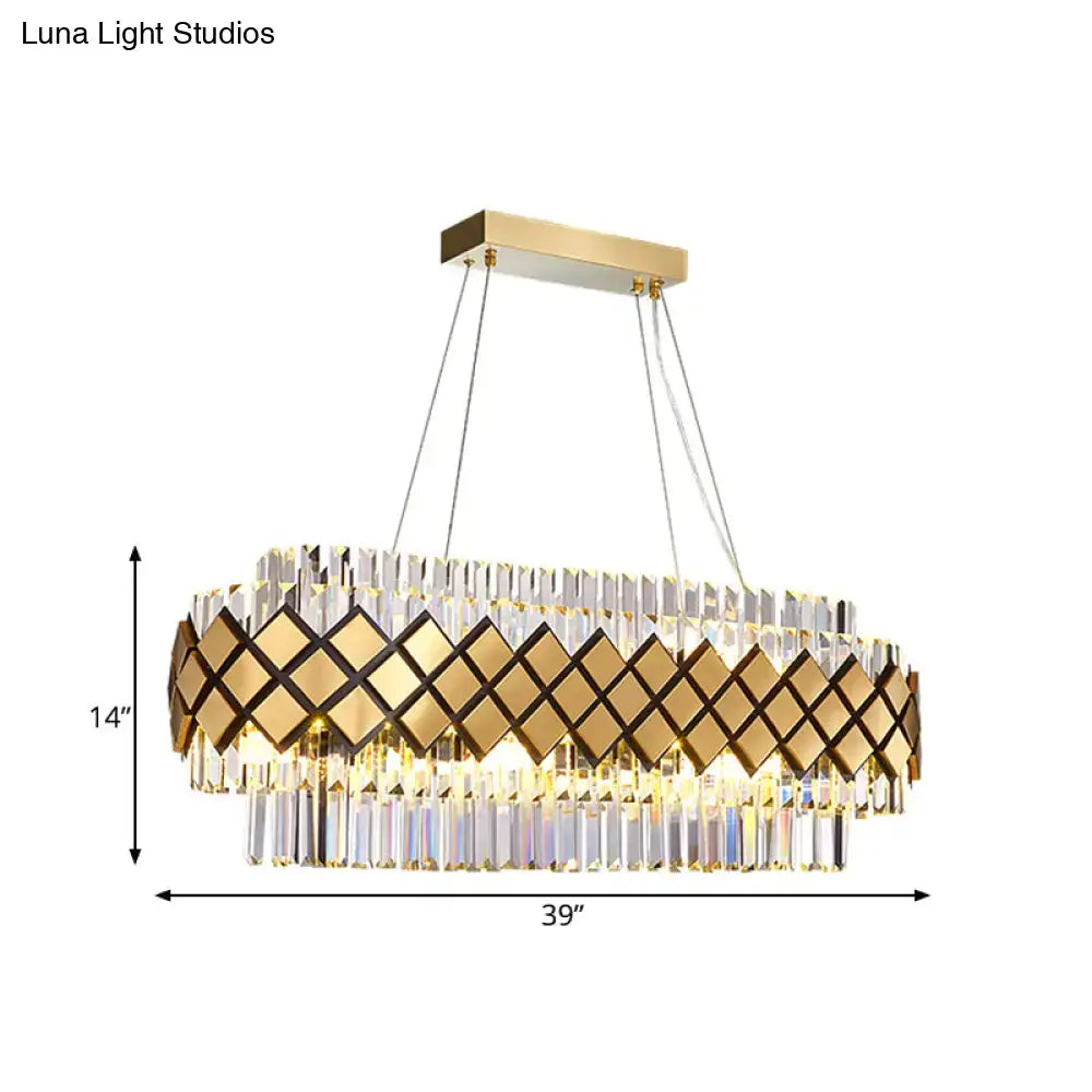 Contemporary gold and clear crystal block oval pendant light dining room