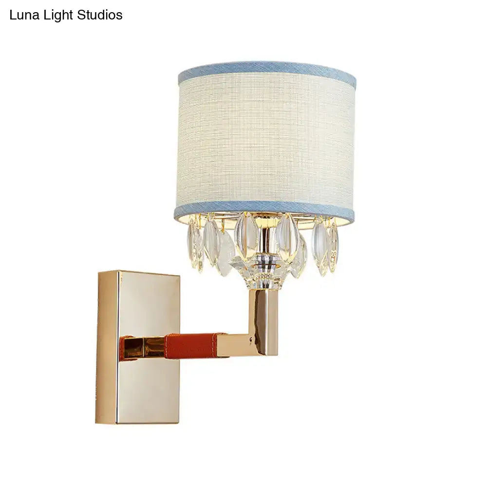Contemporary gold & blue crystal deco wall light bedroom fabric shade