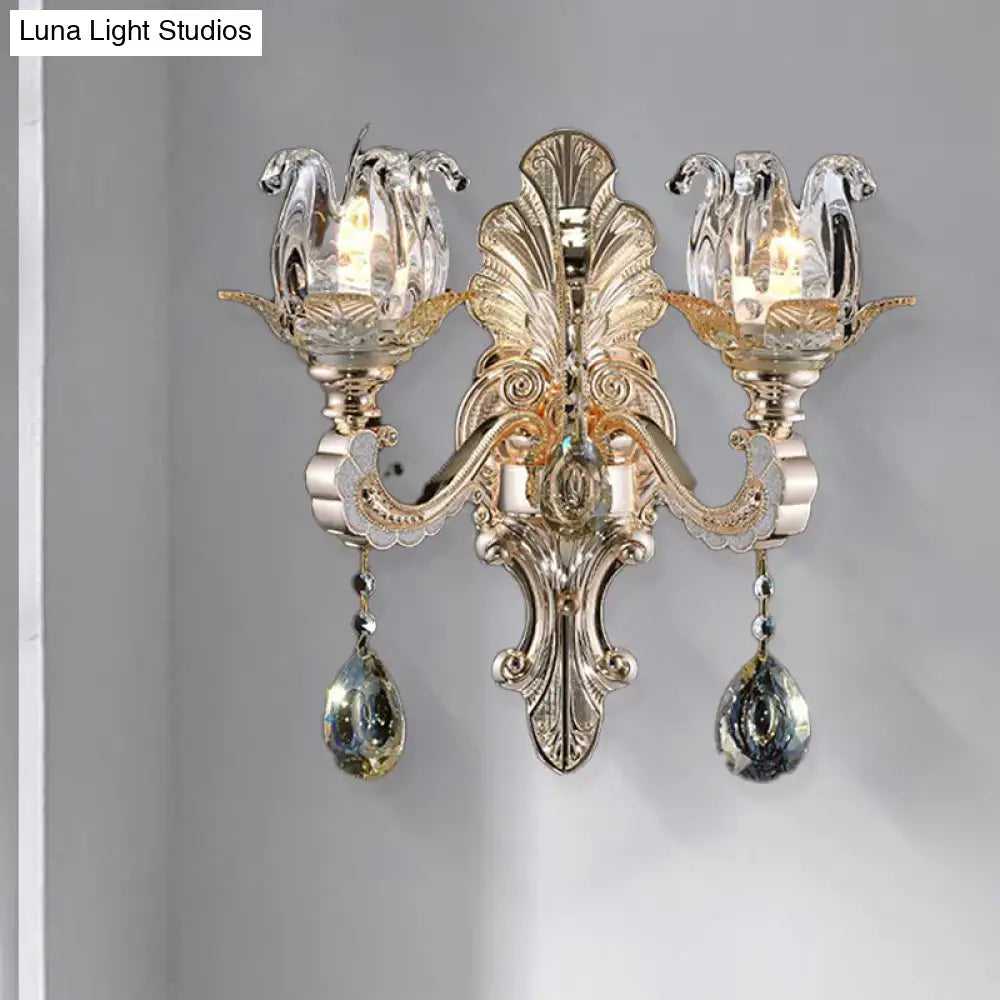 Contemporary gold crystal drop wall lamp – bedroom light fixture