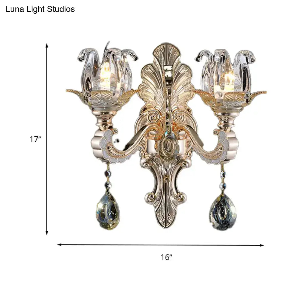 Contemporary gold crystal drop wall lamp – bedroom light fixture