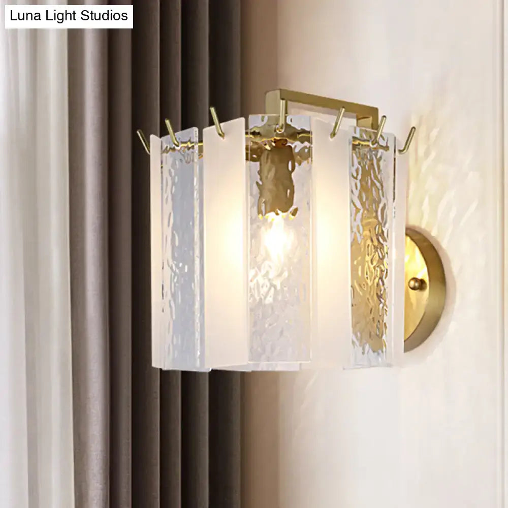 Contemporary gold drum wall sconce light – bedroom textured glass