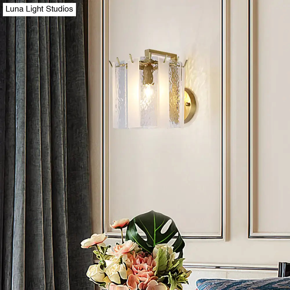 Contemporary gold drum wall sconce light – bedroom textured glass