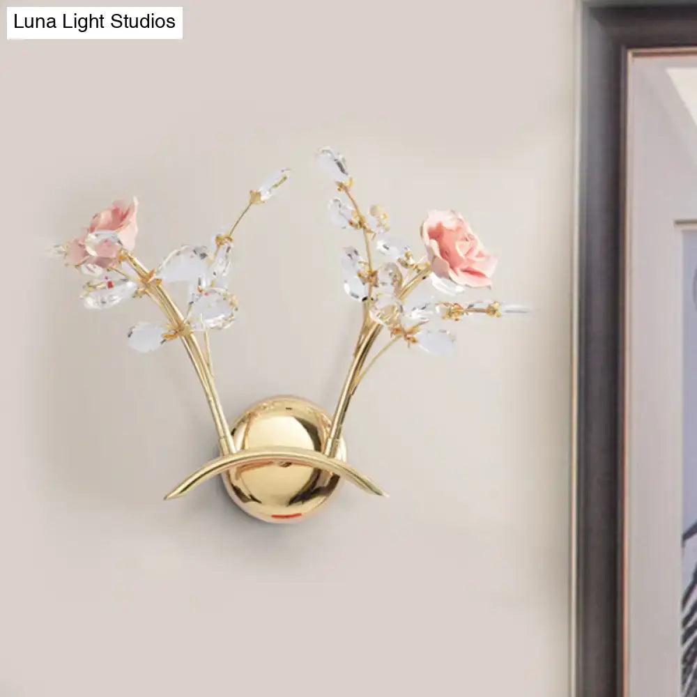 Contemporary gold & pink rose crystal wall lamp bedroom sconce