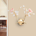 Contemporary gold wall lamp with pink rose crystal branches and clear leaves bulb included for bedroom sconce use