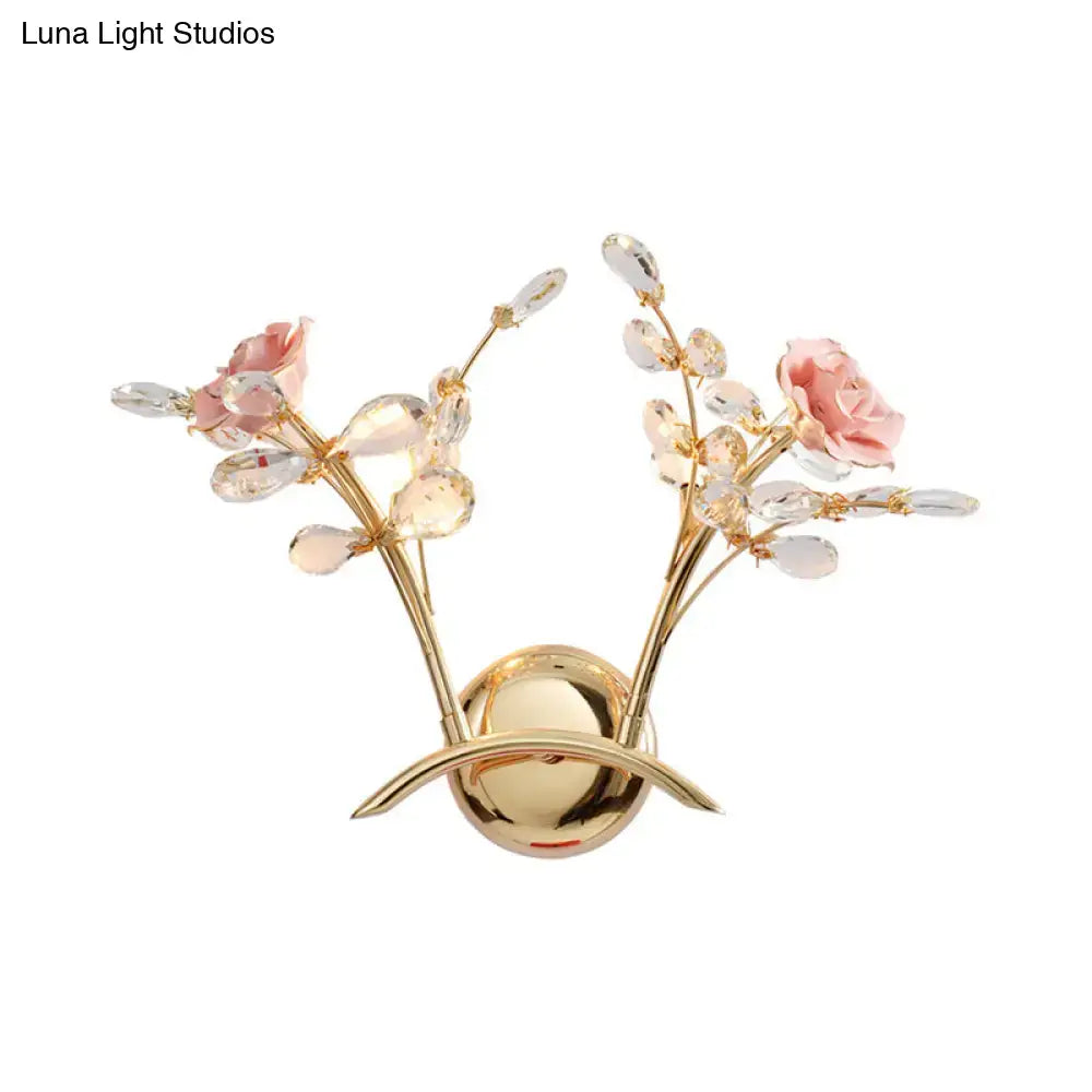 Contemporary gold & pink rose crystal wall lamp bedroom sconce