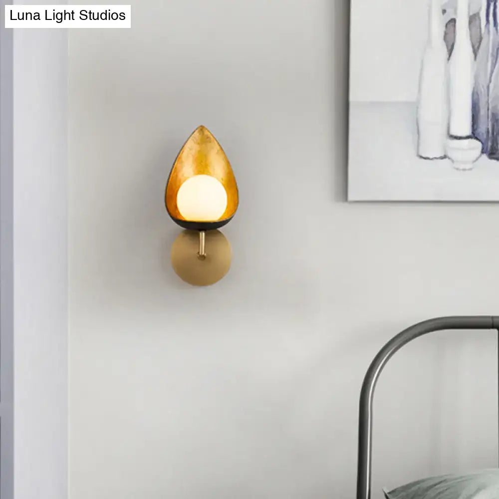 Contemporary gold teardrop sconce light for bedroom with frosted glass