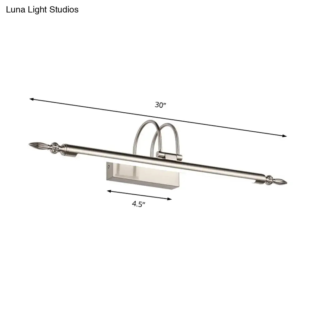 Contemporary nickel finish 30-inch LED vanity light with sleek rectangular fixture and warm light for bedroom use
