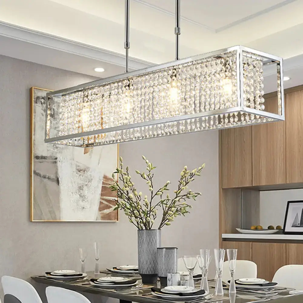 Contemporary silver rectangular chandelier with crystal drops dining room