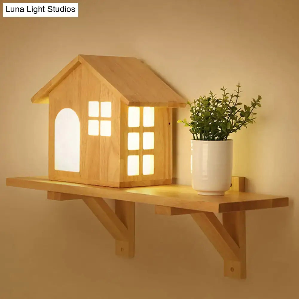 Cottage wood house wall sconce with shelf bedroom light