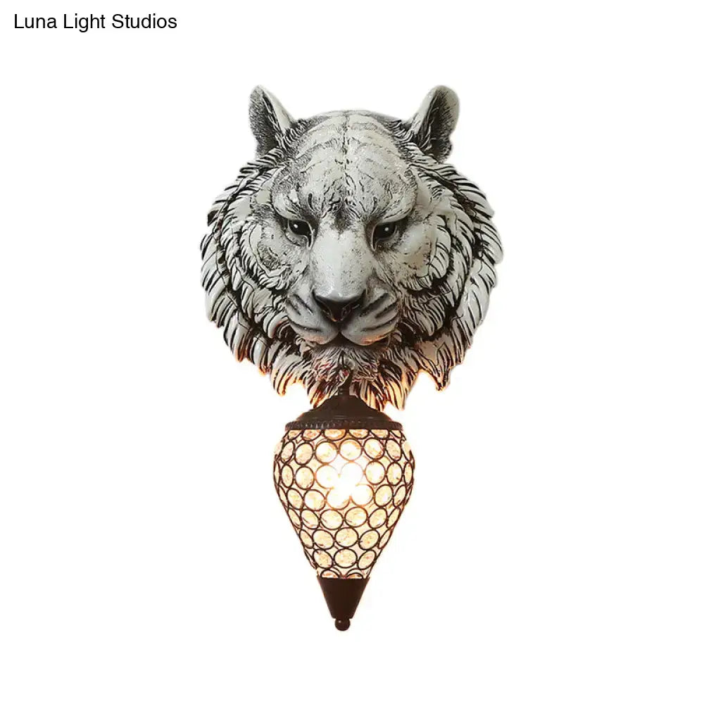 Country tiger head wall sconce bedroom light with clear crystal shade