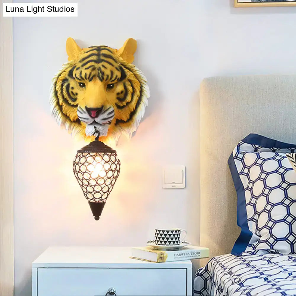 Country tiger head wall sconce bedroom light with clear crystal shade