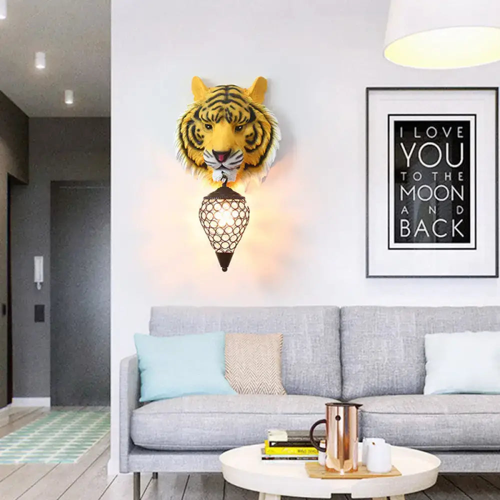 Country tiger head wall sconce bedroom light with clear crystal shade