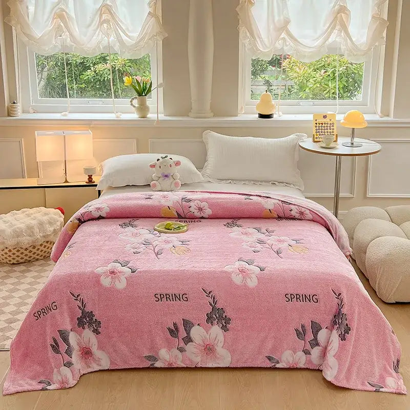 Cozy white fleece blanket with colorful flower patterns bedroom decor