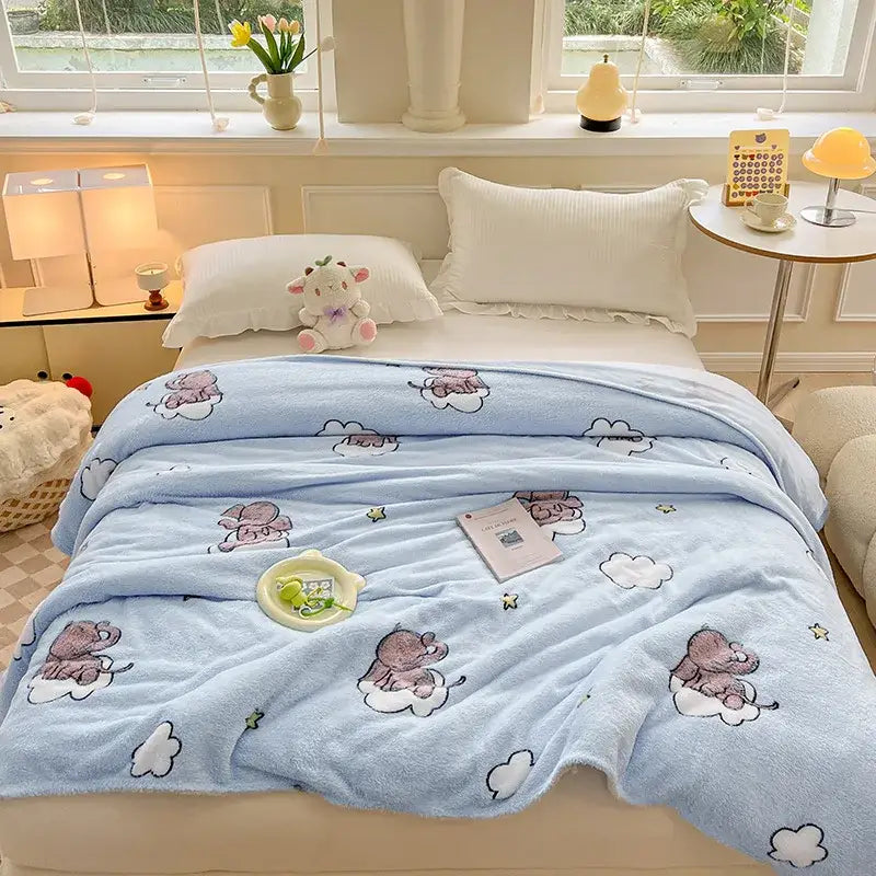 Cozy white fleece blanket with colorful flower patterns bedroom decor
