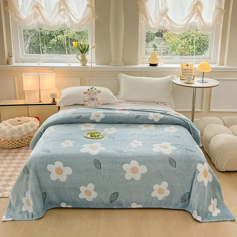 Cozy white fleece blanket with colorful flower patterns bedroom decor