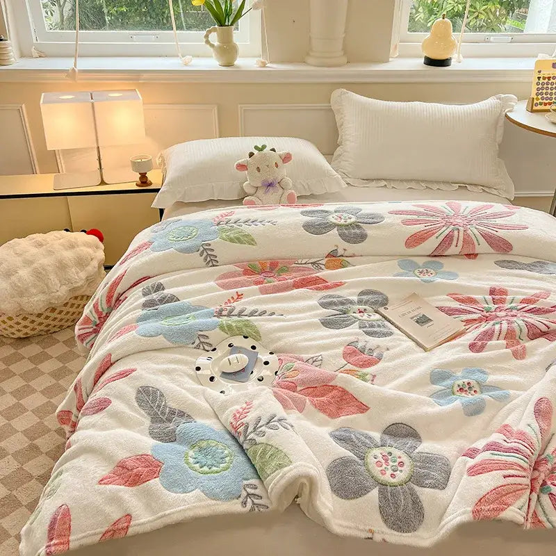 Cozy white fleece blanket with colorful flower patterns bedroom decor