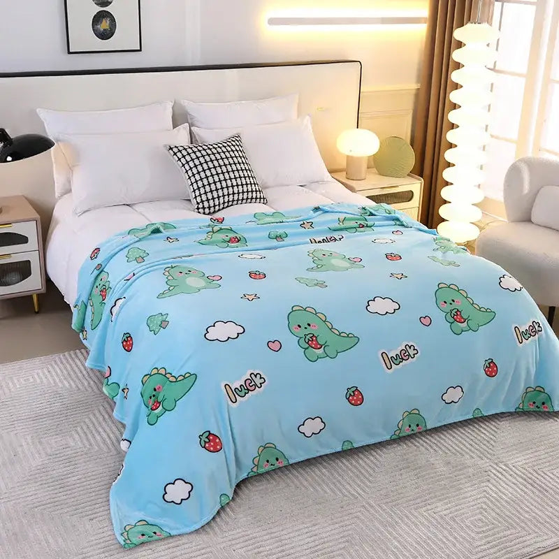 Cozy white fleece blanket with colorful flower patterns bedroom decor
