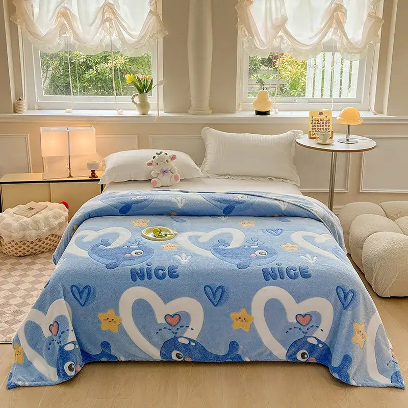 Cozy white fleece blanket with colorful flower patterns bedroom decor