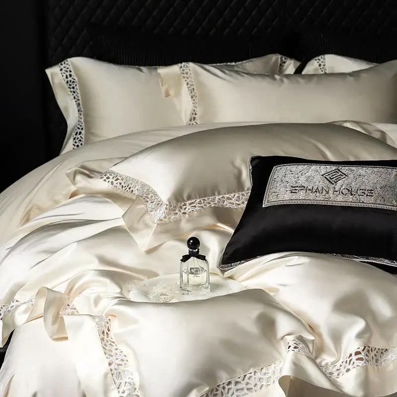 Cream and black egyptian cotton bedding set bedroom lace trim decor