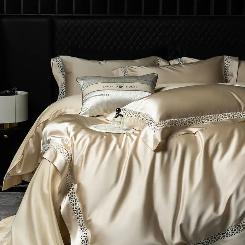 Cream and black egyptian cotton bedding set bedroom lace trim decor