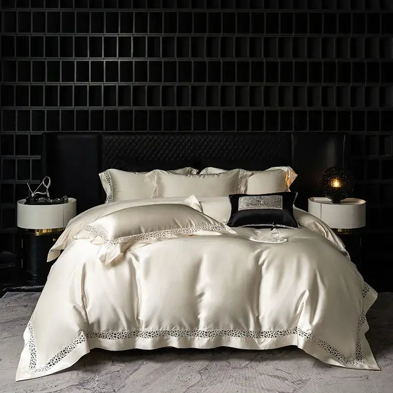 Cream and black egyptian cotton bedding set bedroom lace trim decor