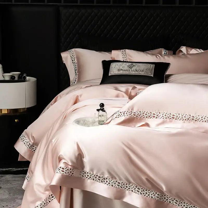 Cream and black egyptian cotton bedding set bedroom lace trim decor