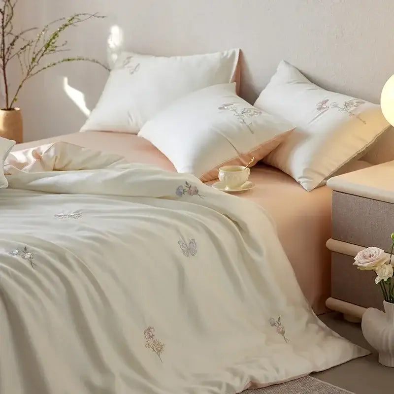 Cream and green cartoon embroidery comforter set bedroom bedding