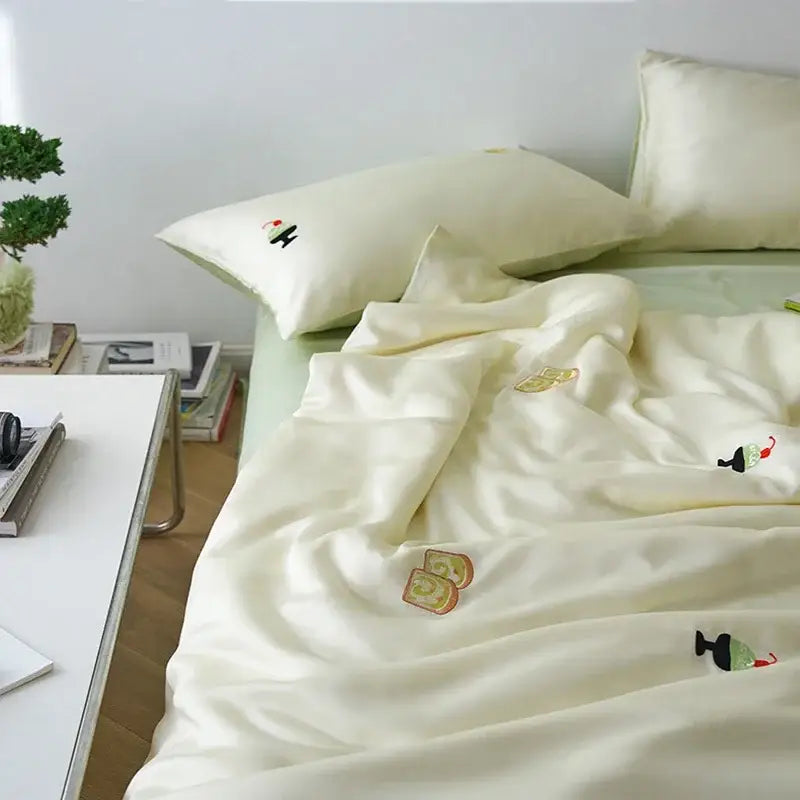 Cream and green cartoon embroidery comforter set bedroom bedding