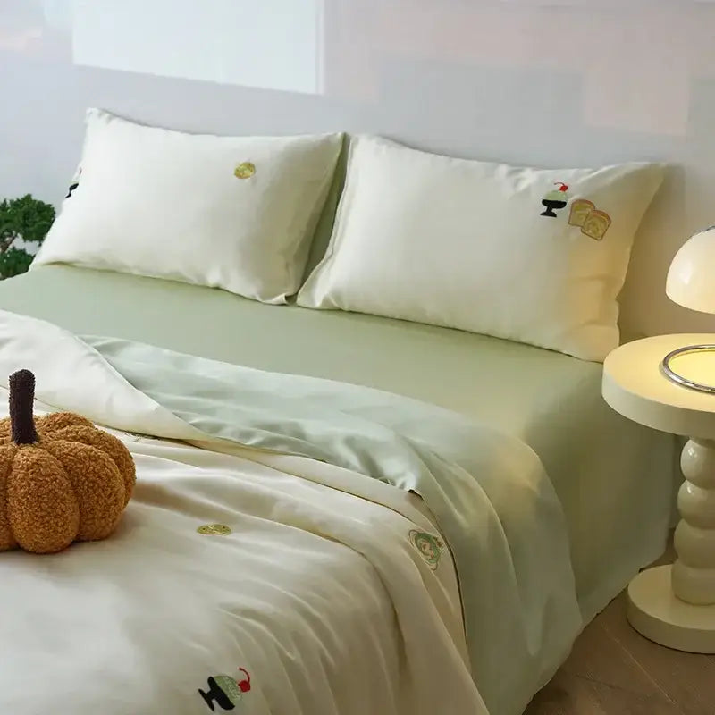 Cream and green cartoon embroidery comforter set bedroom bedding