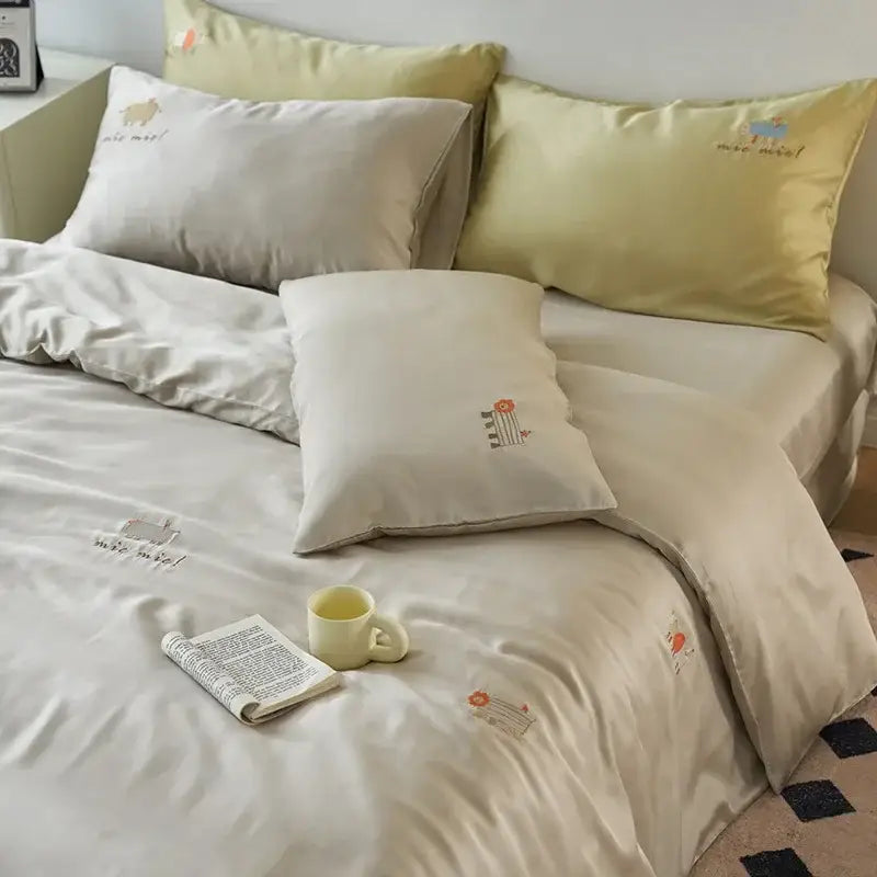 Cream and green cartoon embroidery comforter set bedroom bedding