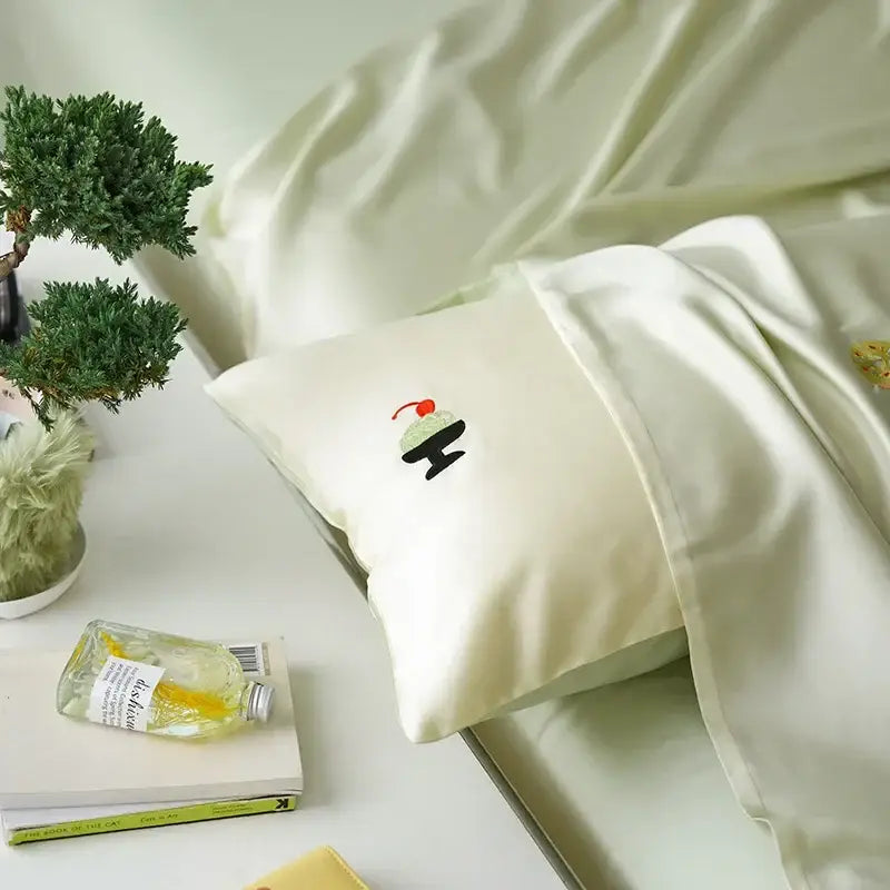 Cream and green cartoon embroidery comforter set bedroom bedding