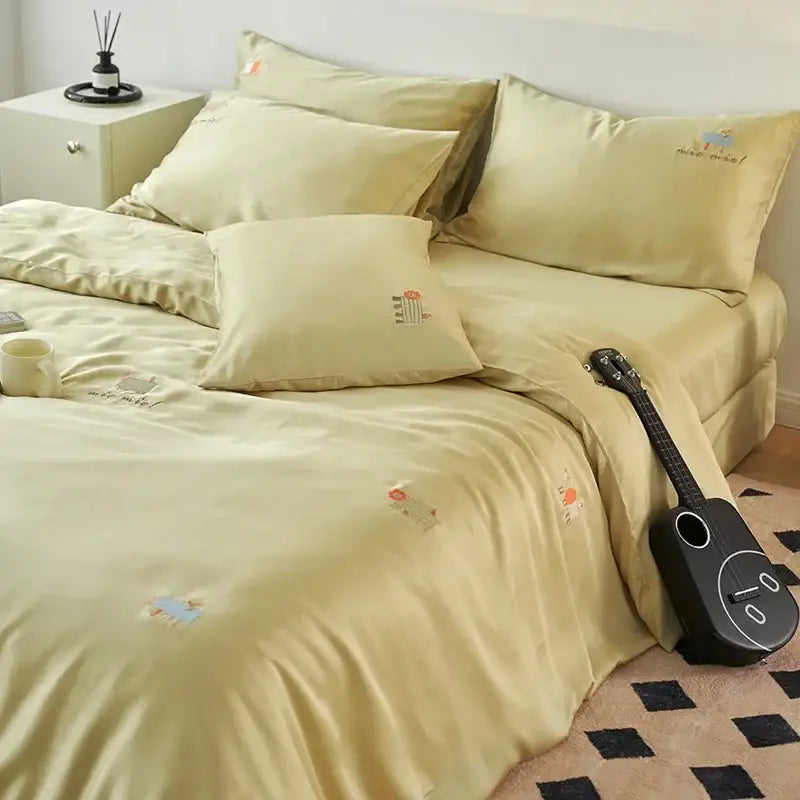 Cream and green cartoon embroidery comforter set bedroom bedding