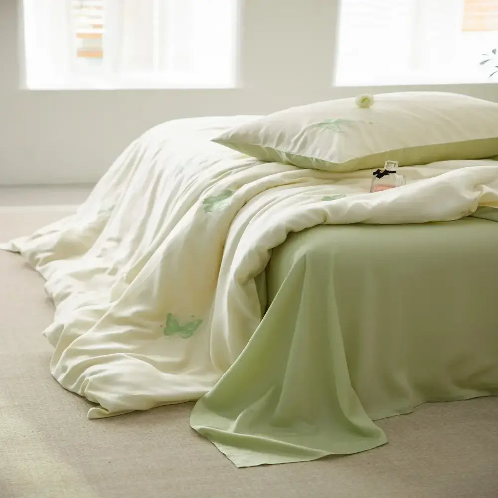 Cream and green cartoon embroidery comforter set bedroom bedding