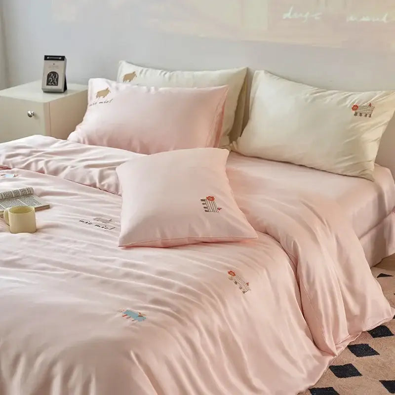 Cream and green cartoon embroidery comforter set bedroom bedding