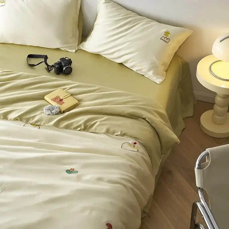 Cream and green cartoon embroidery comforter set bedroom bedding