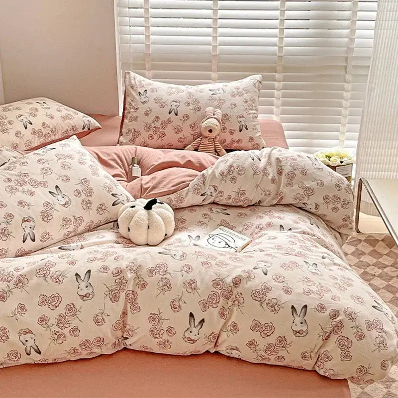 Cream bunny & pink rose cartoon pattern cotton bedding set bedroom
