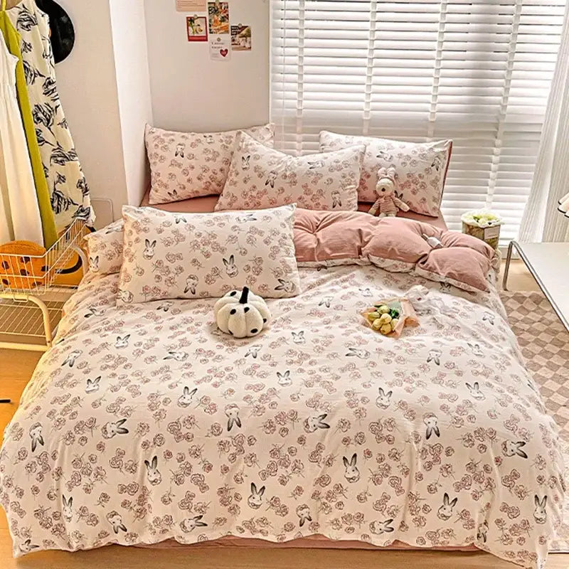 Cream bunny & pink rose cartoon pattern cotton bedding set bedroom