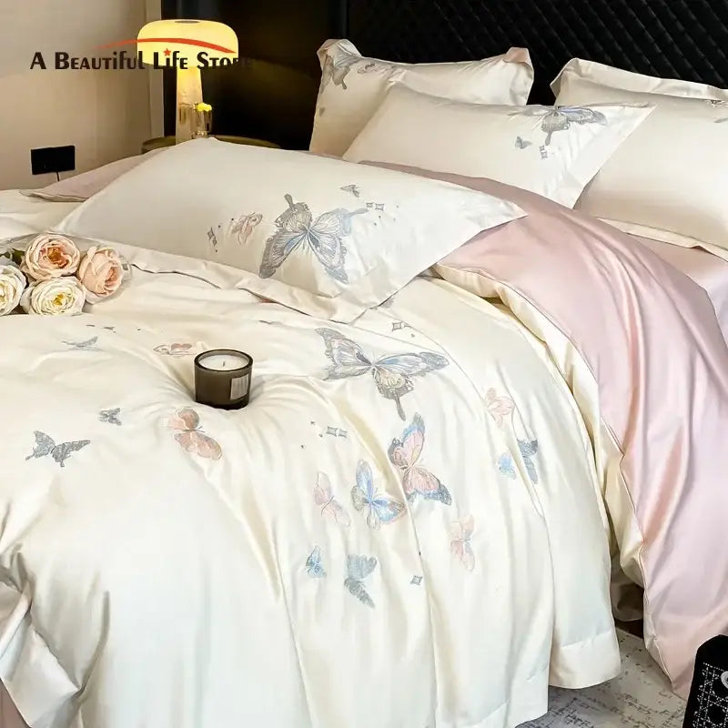 Cream butterfly embroidery 800tc egyptian cotton bedding set bedroom
