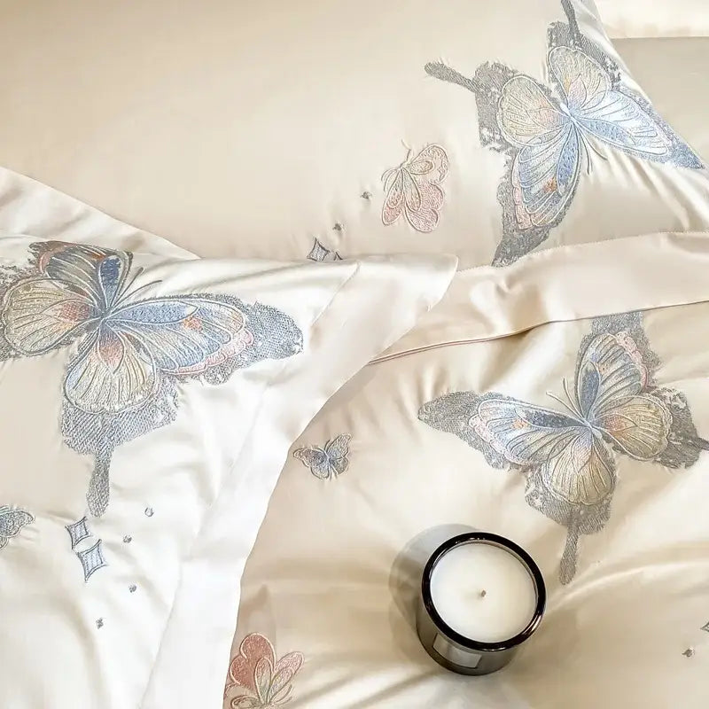 Cream butterfly embroidery 800tc egyptian cotton bedding set bedroom