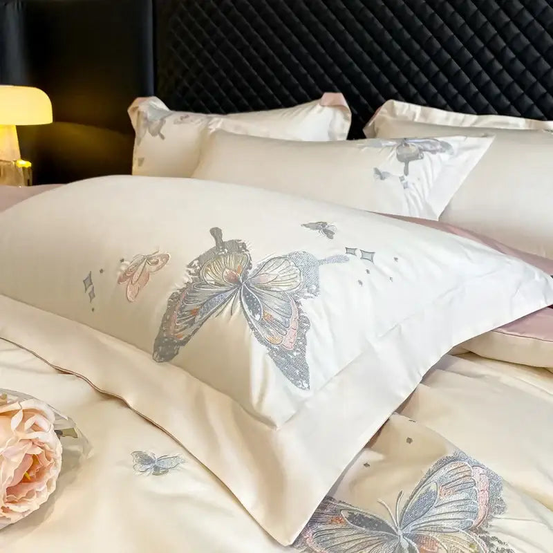 Cream butterfly embroidery 800tc egyptian cotton bedding set bedroom