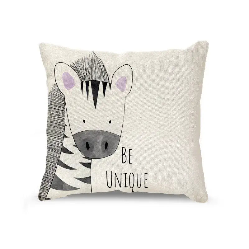 Cream cartoon animal linen pillowcase set for living room